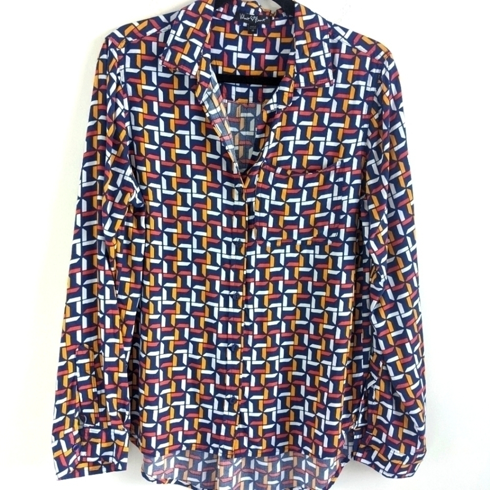 VELVET Heart Geometric Print Button Down Blouse Blue and Orange M